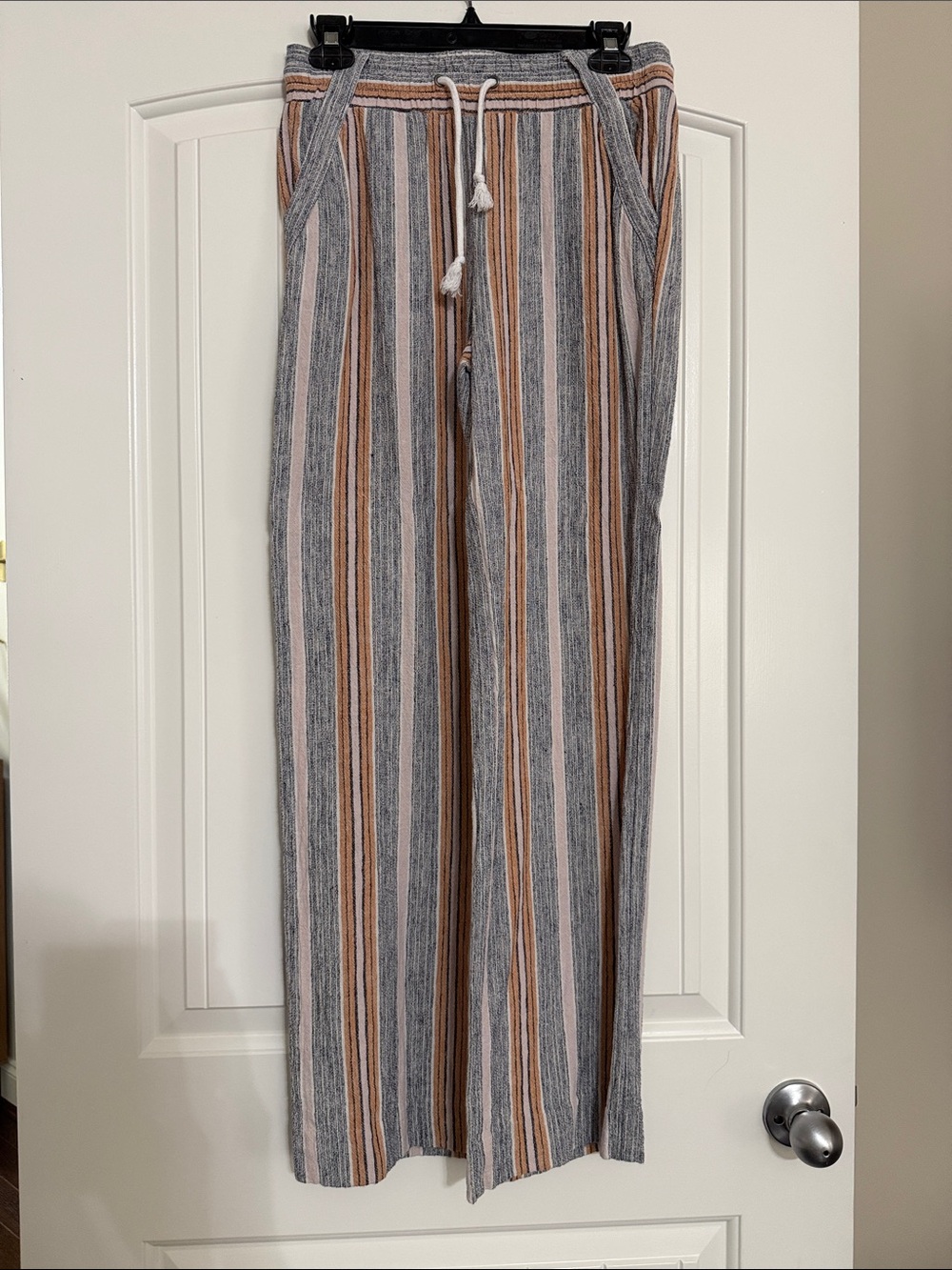 Jolt Striped Wide-Leg linen Pants in Navy, Brown & Cream